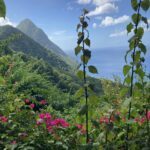 Lush greenery and vibrant flowers framing the Pitons with ocean views in Saint Lucia.