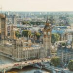 Stunning aerial view of London's iconic Big Ben and the river Thames under daylight.
